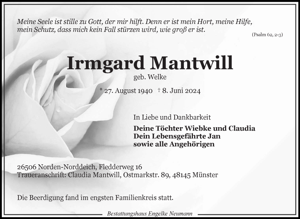  Traueranzeige für Irmgard Mantwill vom 22.06.2024 aus Ostfriesischer Kurier