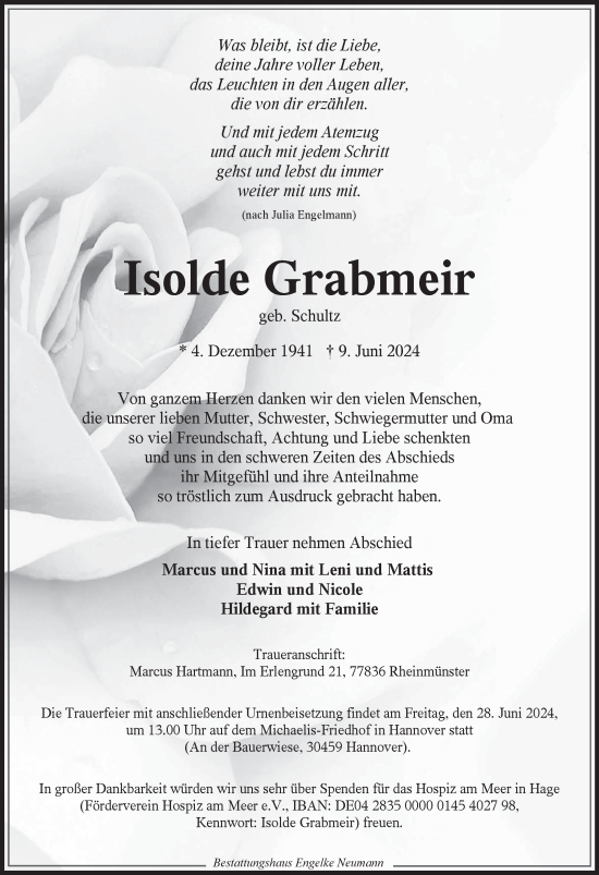 Traueranzeige von Isolde Grabmeir von Ostfriesischer Kurier