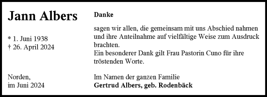 Traueranzeige von Jann Albers von Ostfriesischer Kurier