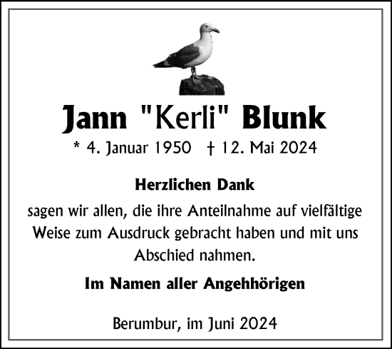 Traueranzeige von Jann Blunk von Ostfriesischer Kurier