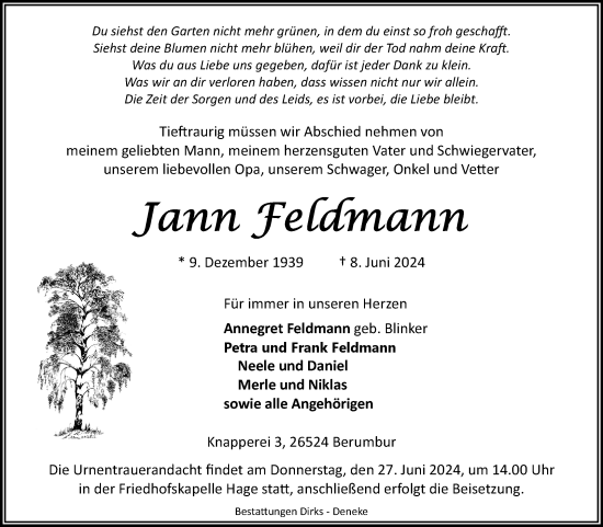 Traueranzeige von Jann Feldmann von Ostfriesischer Kurier