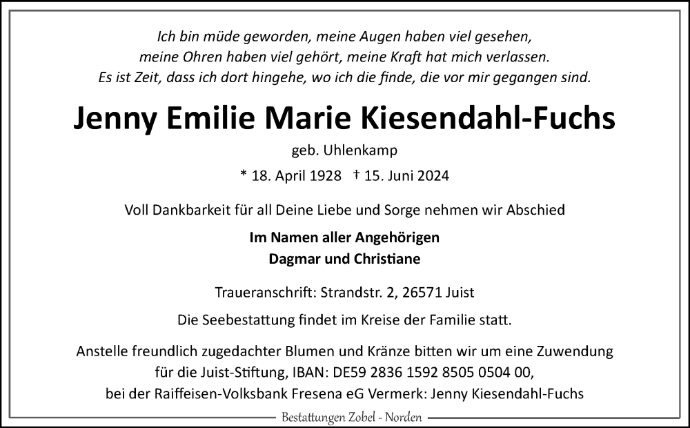  Traueranzeige für Jenny Emilie Marie Kiesendahl-Fuchs vom 29.06.2024 aus Ostfriesischer Kurier