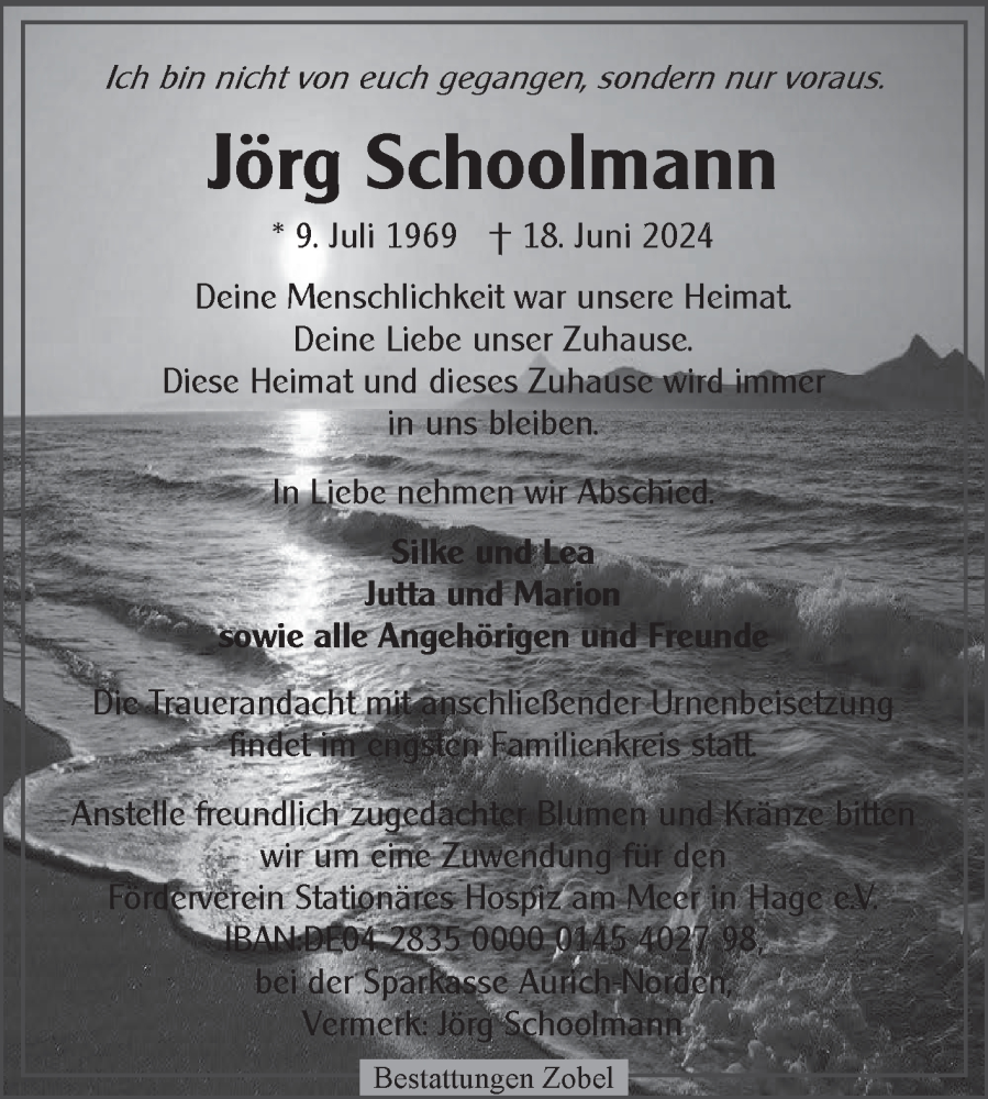  Traueranzeige für Jörg Schoolmann vom 22.06.2024 aus Ostfriesischer Kurier