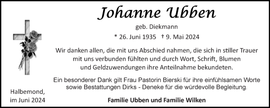 Traueranzeige von Johanne Ubben von Ostfriesischer Kurier