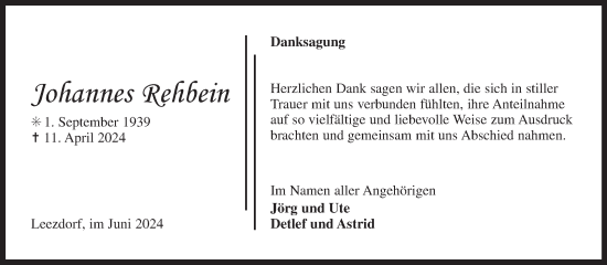 Traueranzeige von Johannes Rehbein von Ostfriesischer Kurier