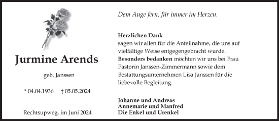 Traueranzeige von Jurmine Arends von Ostfriesischer Kurier