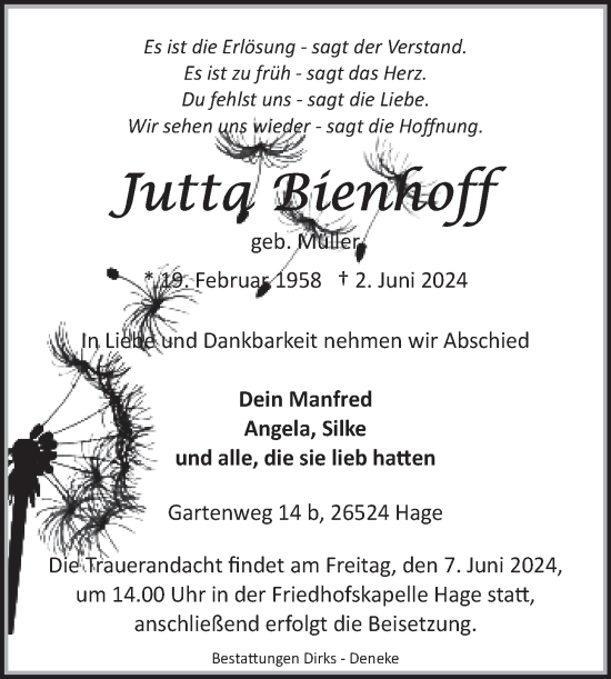 Traueranzeige von Jutta Bienhoff von Ostfriesischer Kurier