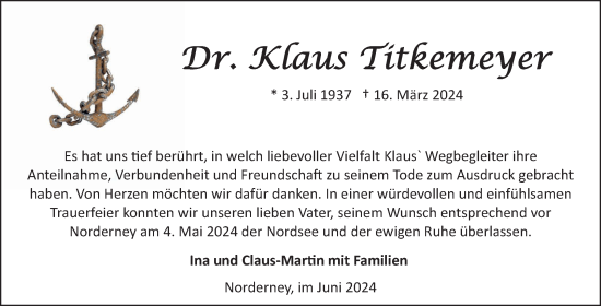 Traueranzeige von Klaus Titkemeyer von Ostfriesischer Kurier