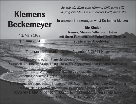 Traueranzeige von Klemens Beckemeyer von Ostfriesischer Kurier