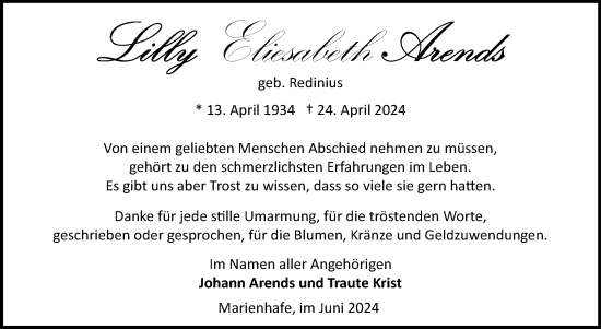 Traueranzeige von Lilly Elisabeth Arends von Ostfriesischer Kurier