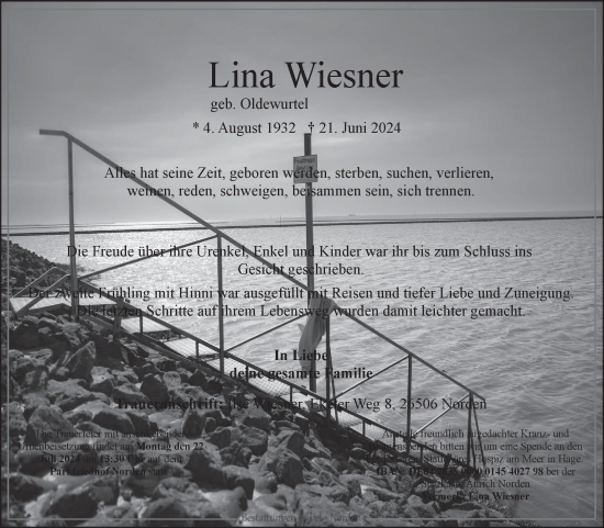 Traueranzeige von Lina Wiesner von Ostfriesischer Kurier