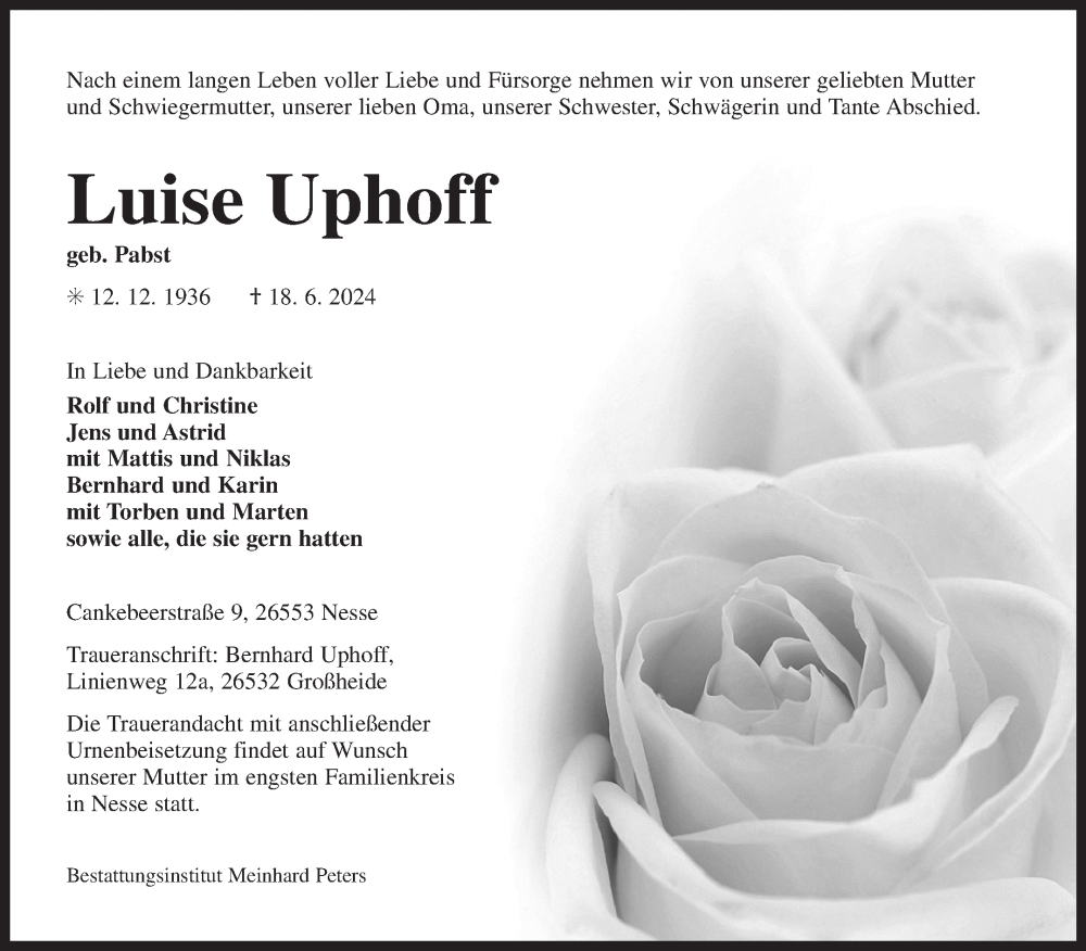  Traueranzeige für Luise Uphoff vom 29.06.2024 aus Ostfriesischer Kurier