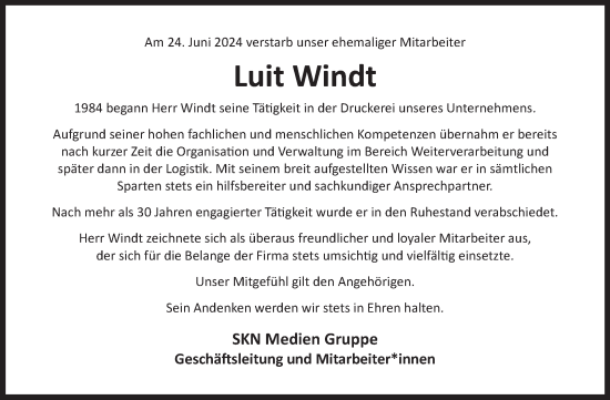 Traueranzeige von Luit Windt von Ostfriesischer Kurier