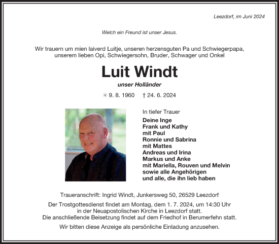 Traueranzeige von Luit Windt von Ostfriesischer Kurier