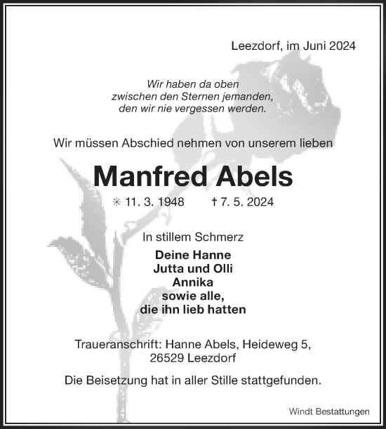 Traueranzeige von Manfred Abels von Ostfriesischer Kurier