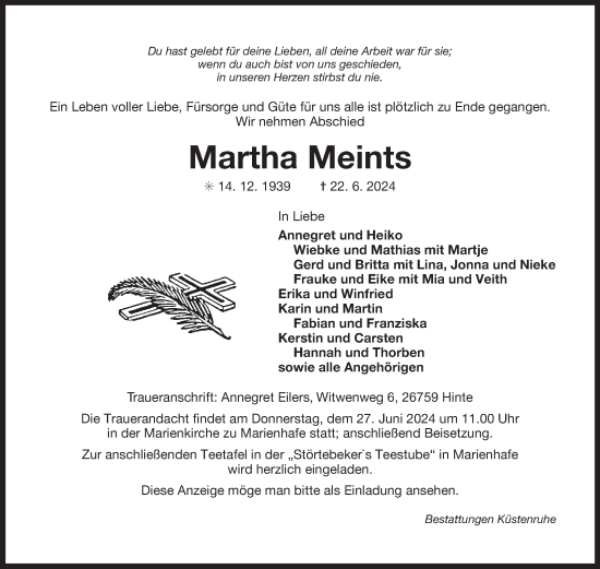 Traueranzeige von Martha Meints von Ostfriesischer Kurier
