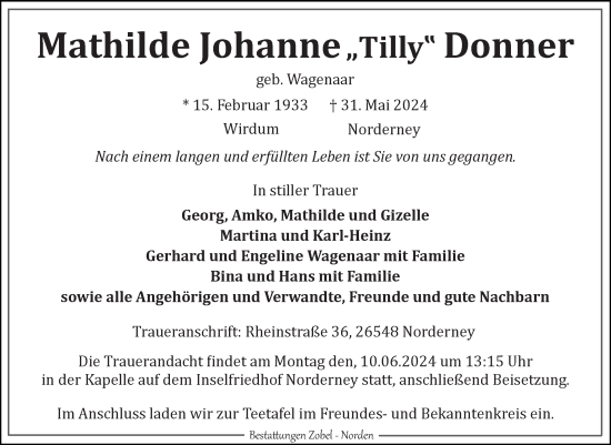 Traueranzeige von Mathilde Johanne Donner von Ostfriesischer Kurier