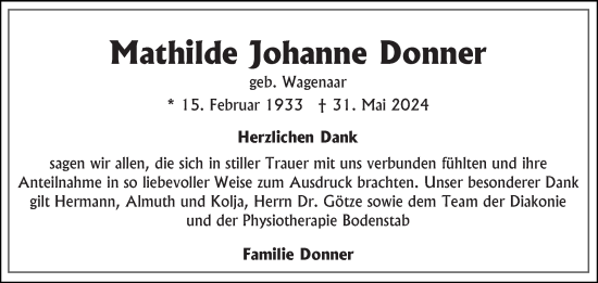 Traueranzeige von Mathilde Johanne Donner von Ostfriesischer Kurier