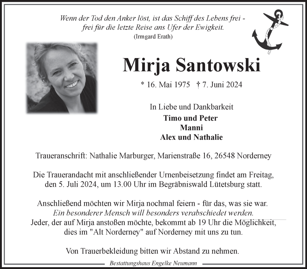  Traueranzeige für Mirja Santowski vom 29.06.2024 aus Ostfriesischer Kurier