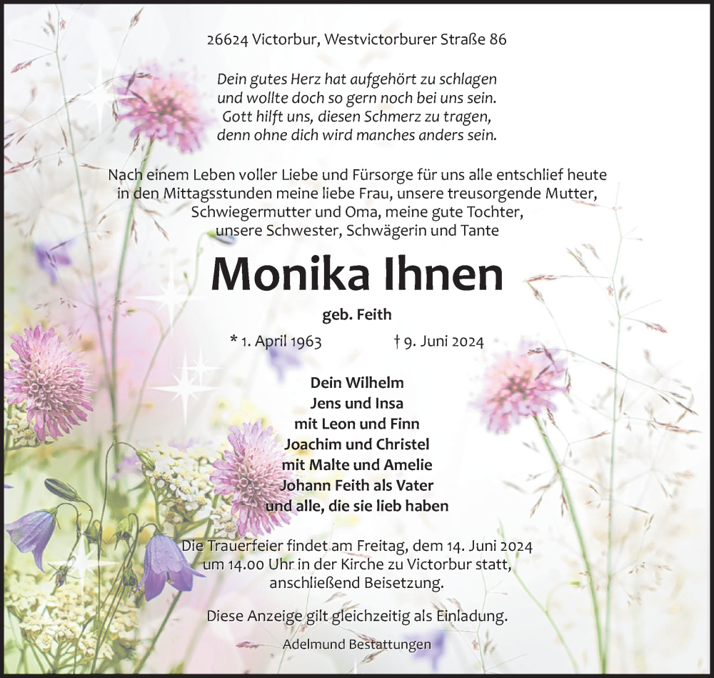  Traueranzeige für Monika Ihnen vom 12.06.2024 aus Ostfriesischer Kurier