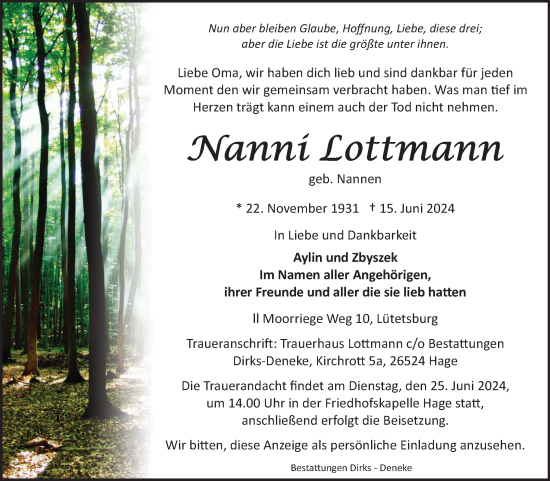 Traueranzeige von Nanni Eibine Lottmann von Ostfriesischer Kurier