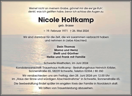 Traueranzeige von Nicole Holtkamp von Ostfriesischer Kurier