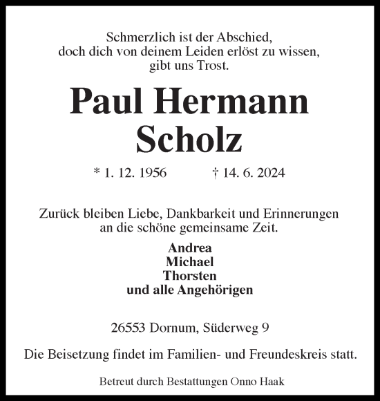 Traueranzeige von Paul Hermann Scholz von Ostfriesischer Kurier