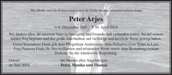 Traueranzeige von Peter Arjes von Ostfriesischer Kurier