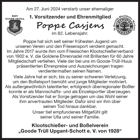 Traueranzeige von Poppe Casjens von Ostfriesischer Kurier