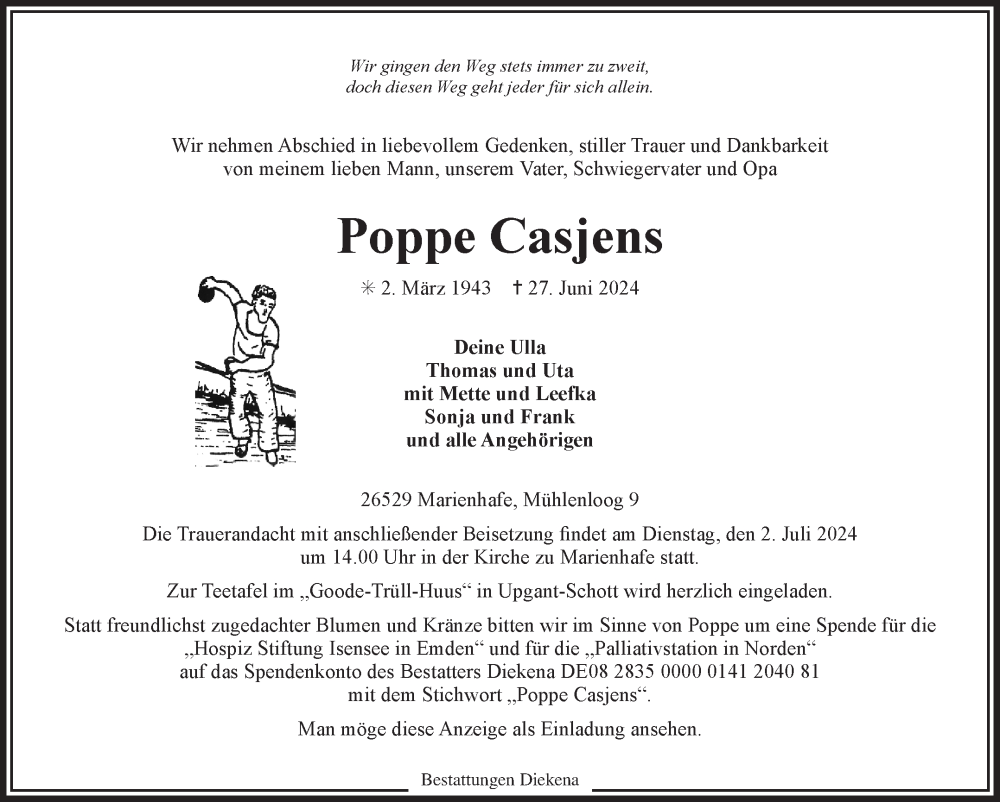  Traueranzeige für Poppe Casjens vom 28.06.2024 aus Ostfriesischer Kurier