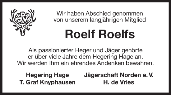 Traueranzeige von Roelf Roelfs von Ostfriesischer Kurier