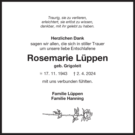 Traueranzeige von Rosemarie Lüppen von Ostfriesischer Kurier