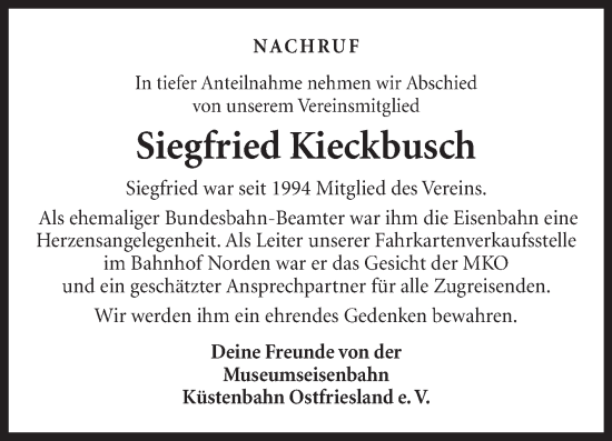 Traueranzeige von Siegfried Kieckbusch von Ostfriesischer Kurier
