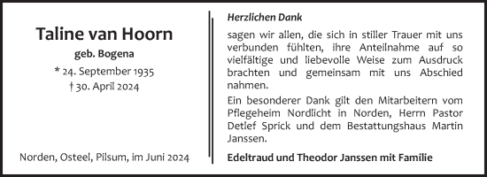 Traueranzeige von Taline van Hoorn von Ostfriesischer Kurier