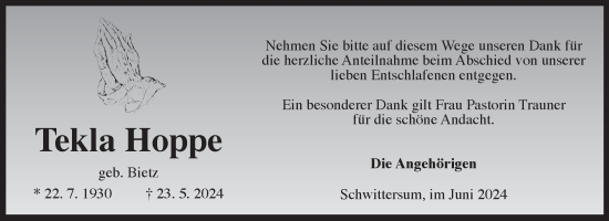Traueranzeige von Tekla Hoppe von Ostfriesischer Kurier