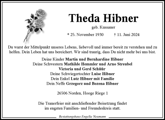 Traueranzeige von Theda Hibner von Ostfriesischer Kurier