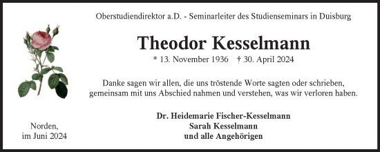 Traueranzeige von Theodor Kesselmann von Ostfriesischer Kurier