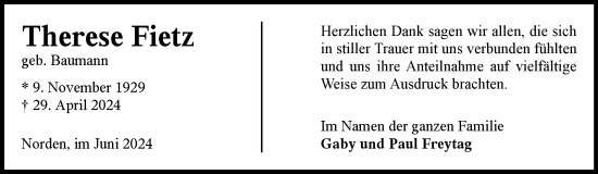 Traueranzeige von Therese Fietz von Ostfriesischer Kurier