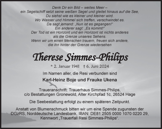 Traueranzeige von Therese Simmes-Philips von Ostfriesischer Kurier