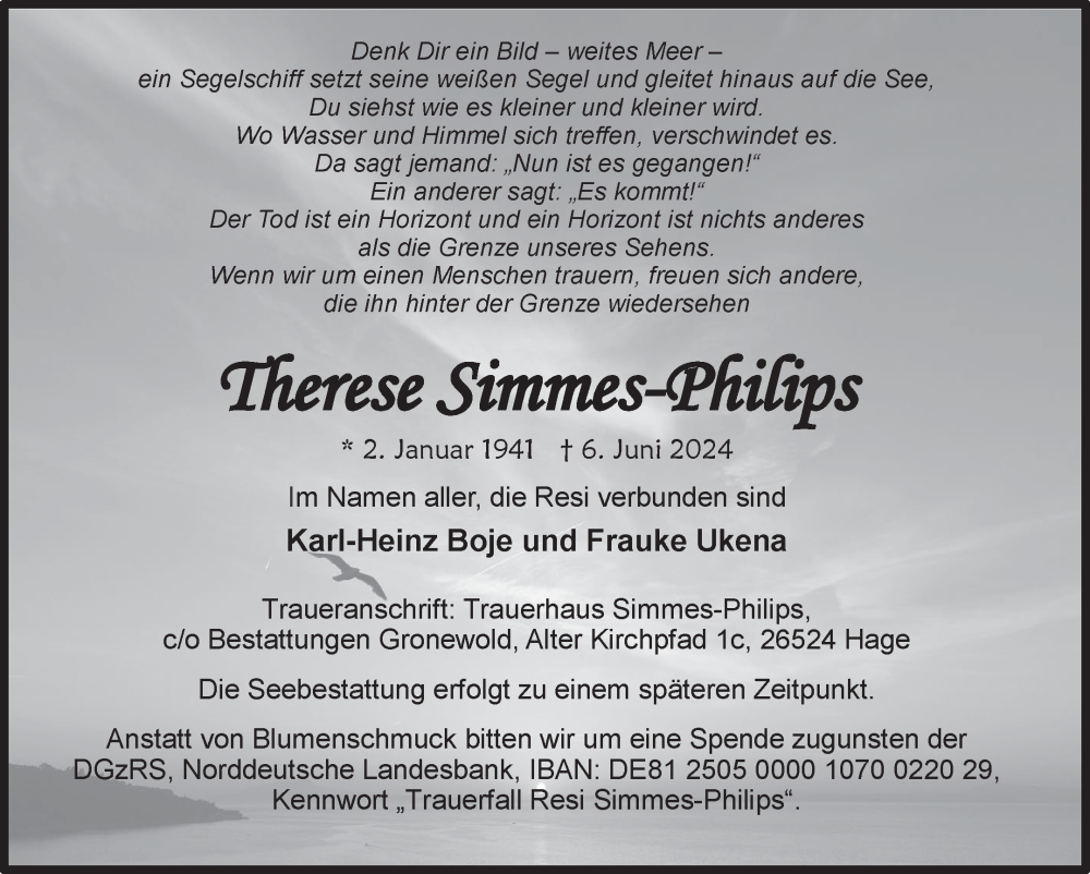  Traueranzeige für Therese Simmes-Philips vom 15.06.2024 aus Ostfriesischer Kurier