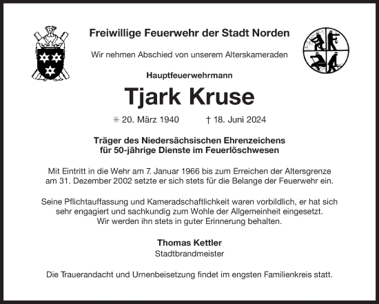 Traueranzeige von Tjark Kruse von Ostfriesischer Kurier