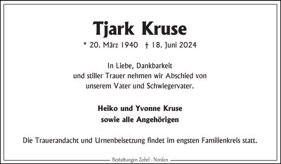 Traueranzeige von Tjark Kruse von Ostfriesischer Kurier
