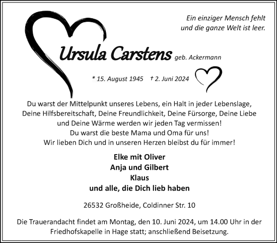 Traueranzeige von Ursula Carstens von Ostfriesischer Kurier