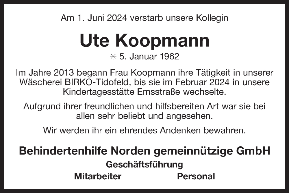  Traueranzeige für Ute Koopmann vom 06.06.2024 aus Ostfriesischer Kurier