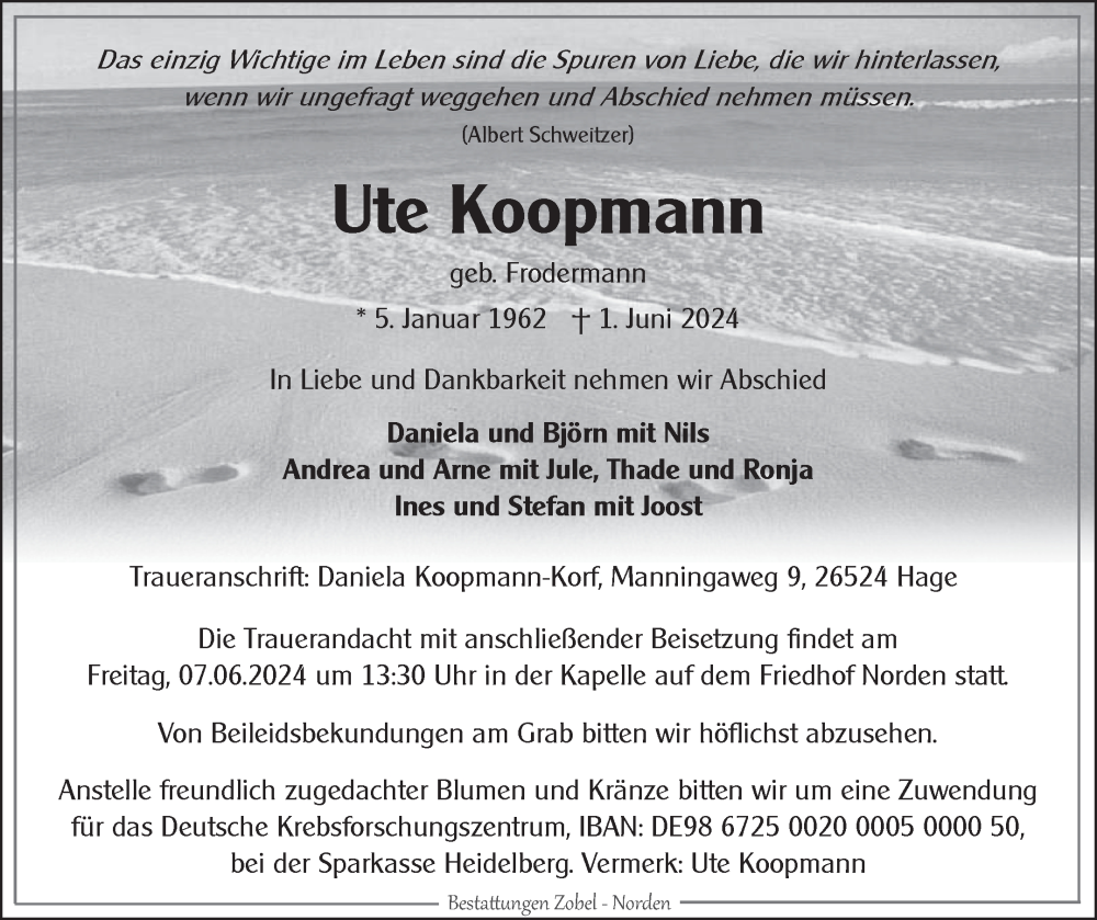  Traueranzeige für Ute Koopmann vom 05.06.2024 aus Ostfriesischer Kurier
