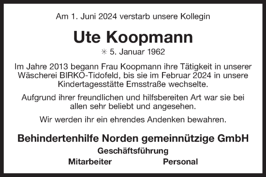 Traueranzeige von Ute Koopmann von Ostfriesischer Kurier