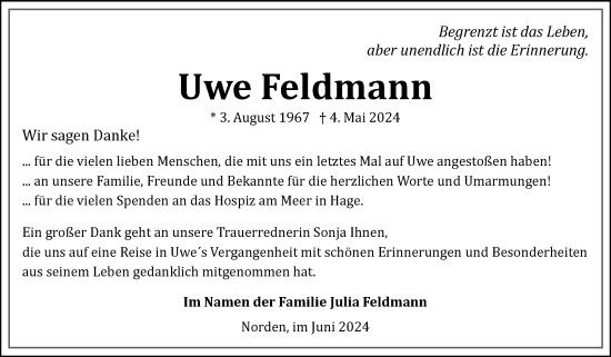 Traueranzeige von Uwe Feldmann von Ostfriesischer Kurier