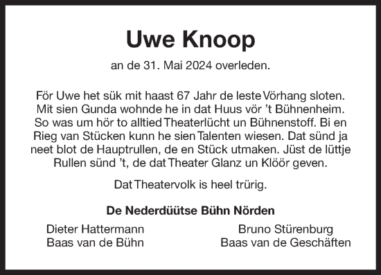 Traueranzeige von Uwe Knoop von Ostfriesischer Kurier