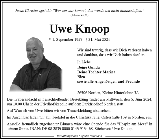 Traueranzeige von Uwe Knoop von Ostfriesischer Kurier