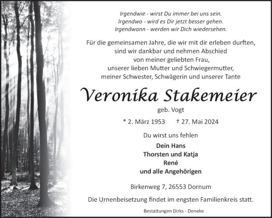 Traueranzeige von Veronika Stakemeier von Ostfriesischer Kurier